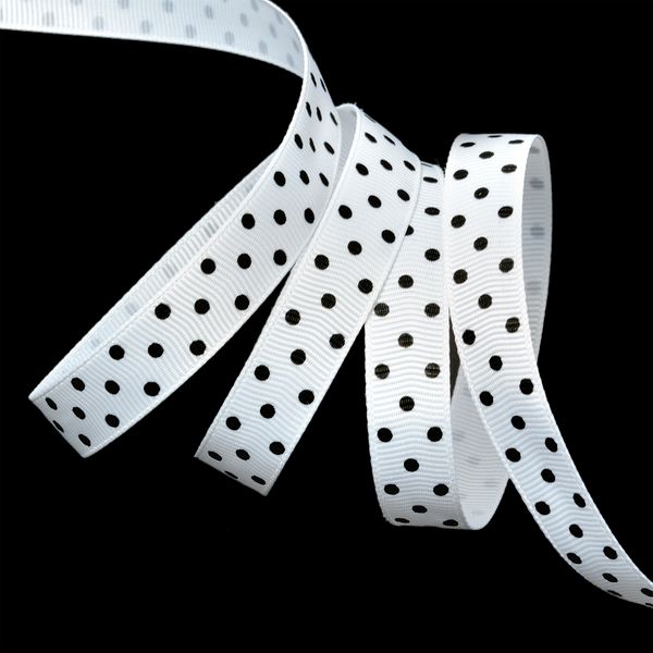 Лента репсовая (в рубчик) 12.0 мм / 27.4±2 метров, LDRG02903012 (70) крупный горошек, белый-черный