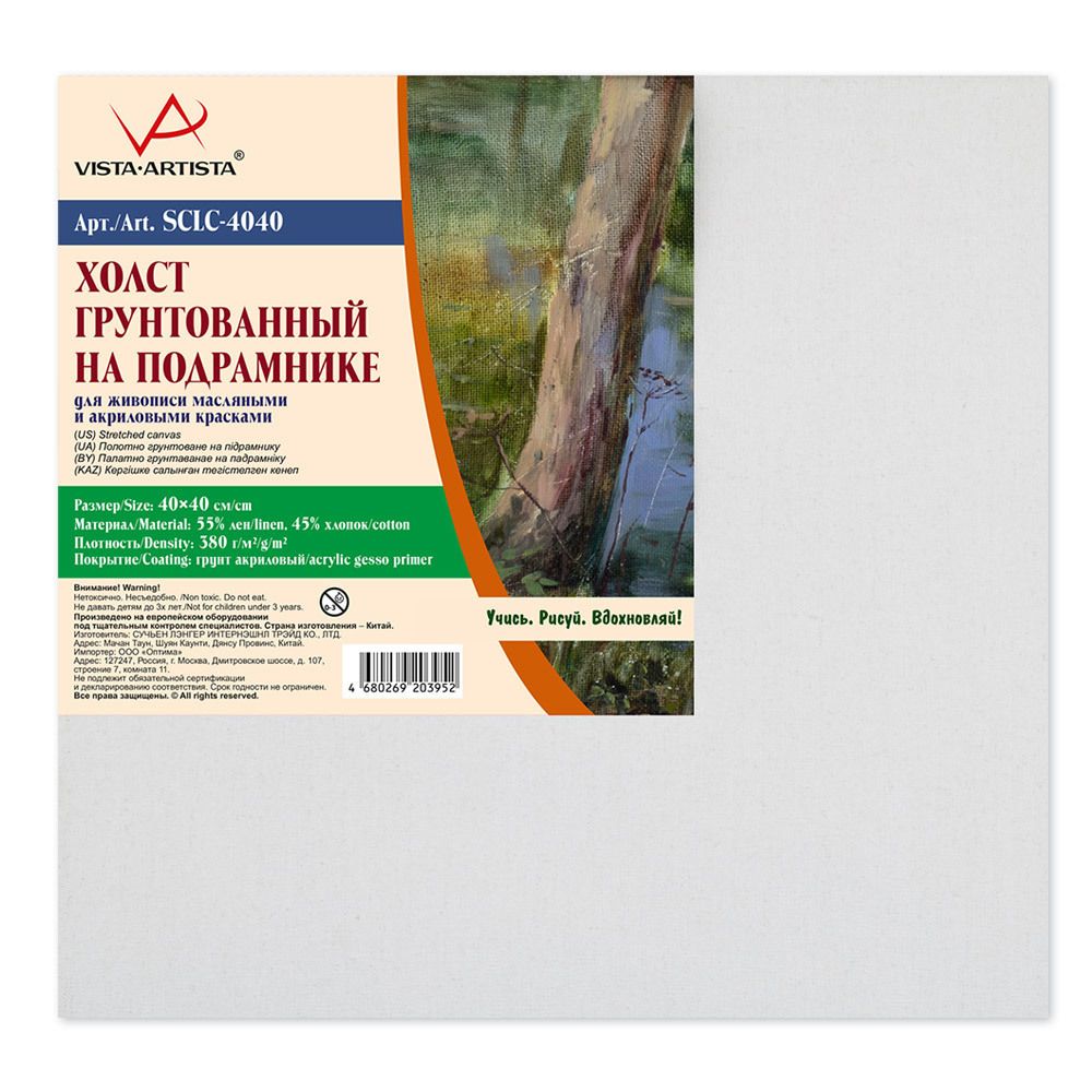 Холст на подрамнике грунтованный 40х40 см, 380 г/м², 2 шт, мелкозернистый, Vista-Artista SCLC-4040