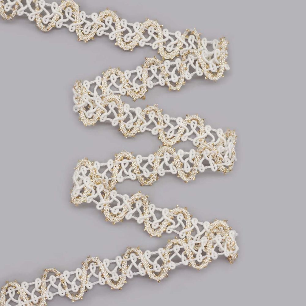 Тесьма отделочная вязаная 21мм / 10м (белый/золото), С808Г7