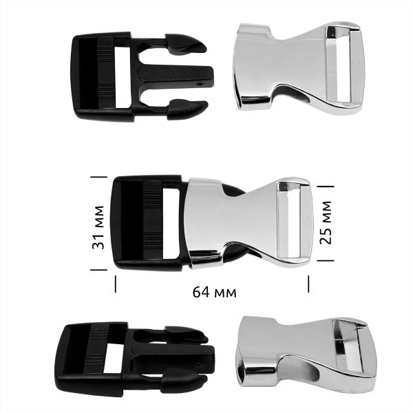 Фастекс (пряжка трезубец) металл/пластик 25 мм, 64x31 мм, никель / черный, 6 шт