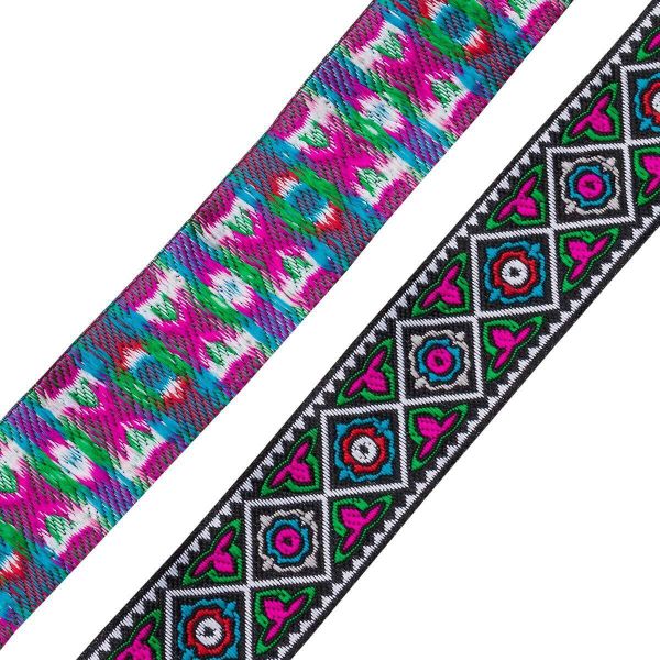 Лента (тесьма) жаккардовая 33.0 мм / 7 метров, черный с малиновыми цветами, 11830