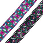 Лента (тесьма) жаккардовая 33.0 мм / 7 метров, черный с малиновыми цветами, 11830