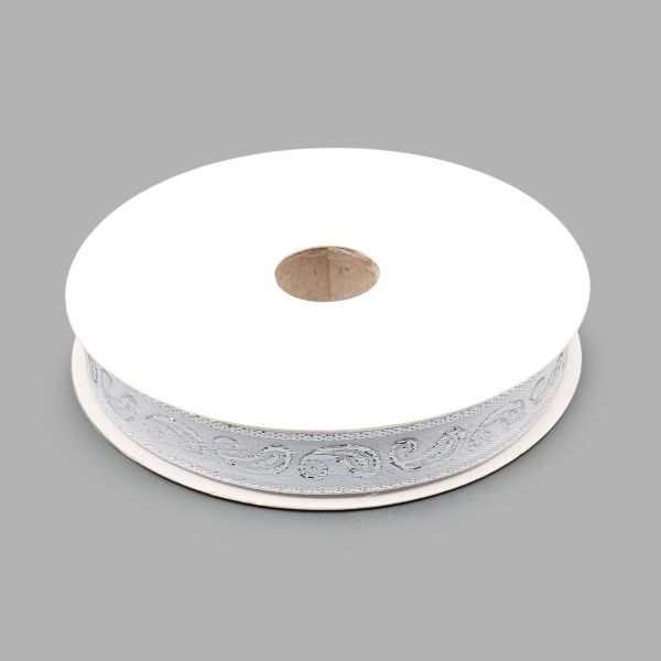 Тесьма декоративная металлизированная Пейсли 15 мм / 25 метров, 15006 белый/серебро