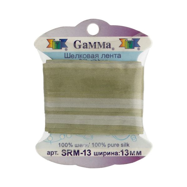 Лента (тесьма) шелковая 13.0 мм / 9.1±0.5 метров, M006 серо-зеленый/зеленый, Gamma SRM-13