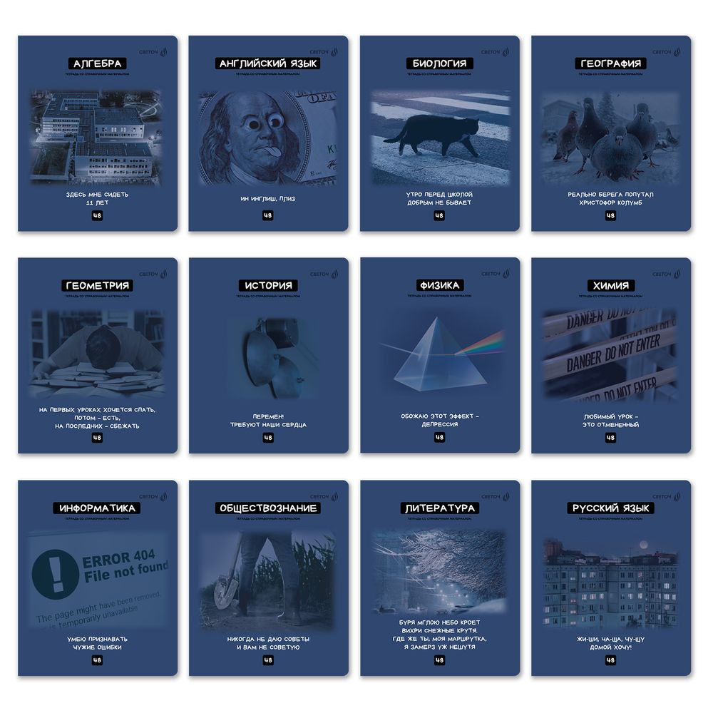 Комплект тетрадей со справочными материалами Мраксимализм, A5 48 л. 12 шт на скобе 60 г/м², белизна 90% 1 шт клетка/линия, 01890 12 предметов, Светоч Т292