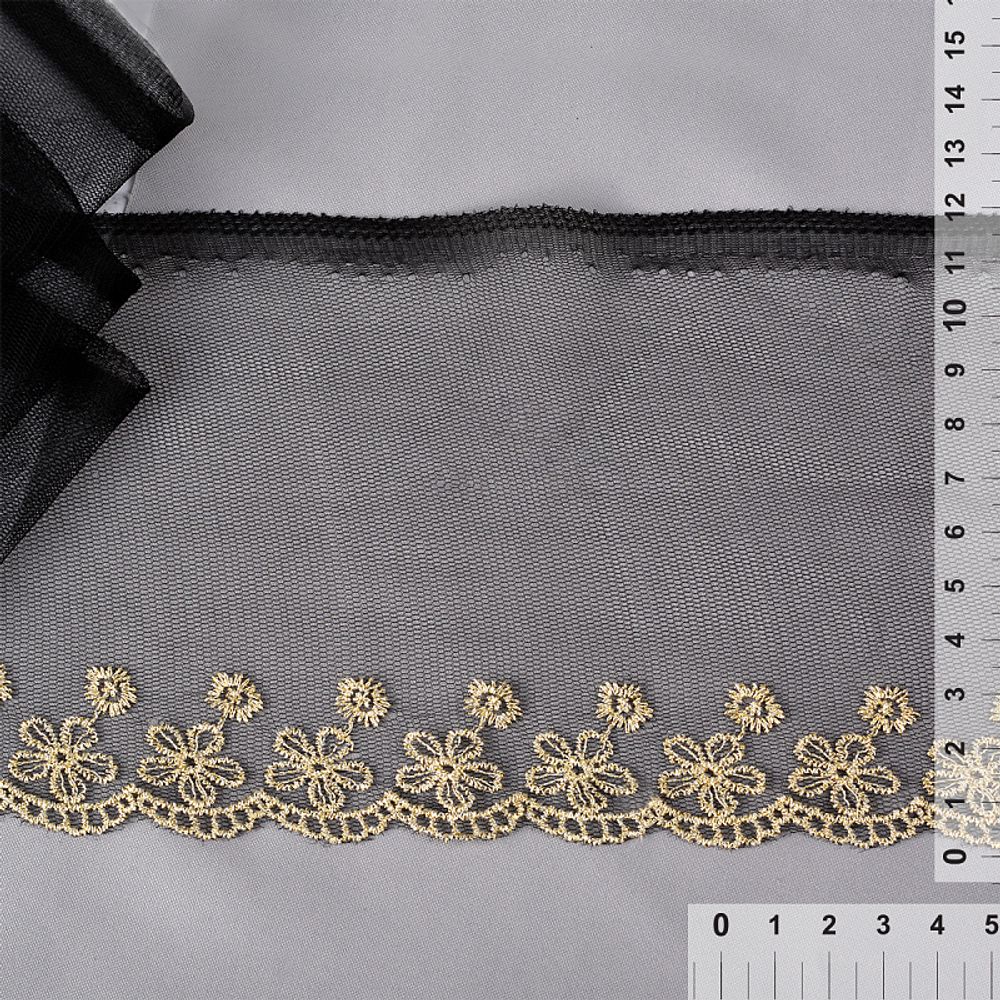 Кружево на сетке широкое 120 мм, цв.черный/золото уп. 13.71 м, Kruzhevo