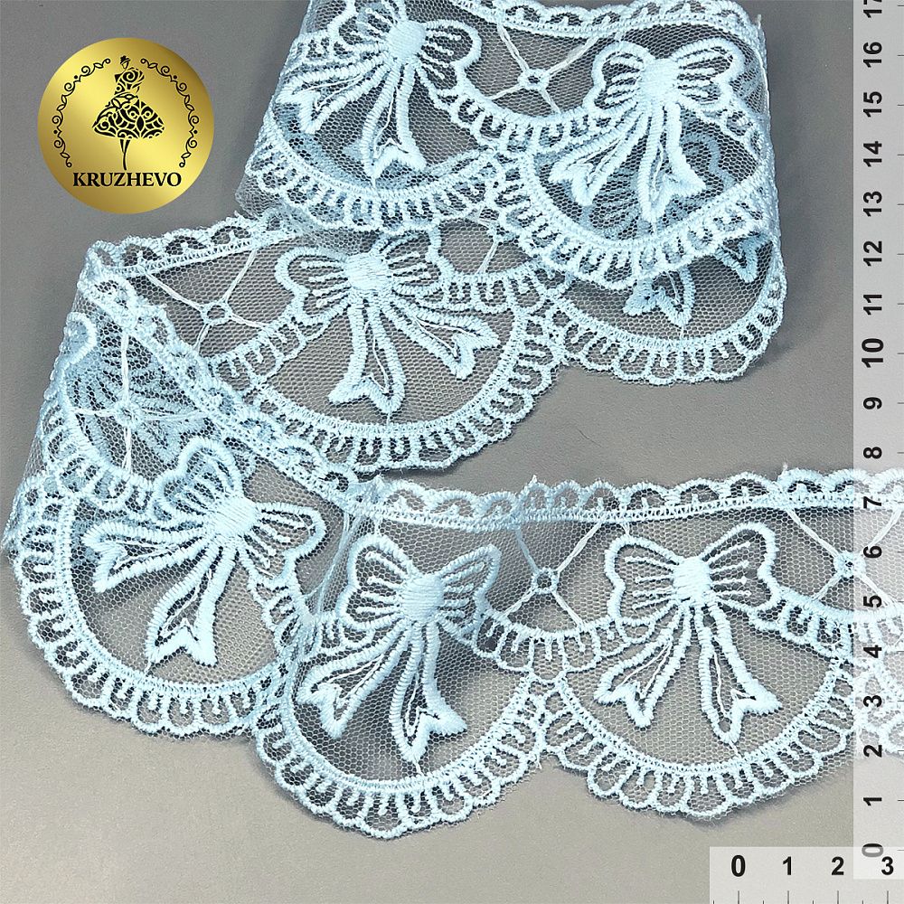Кружево на сетке с матовой нитью с бантиками 60 мм, диз. 196, цв.голубой уп. 13.71 м, Kruzhevo