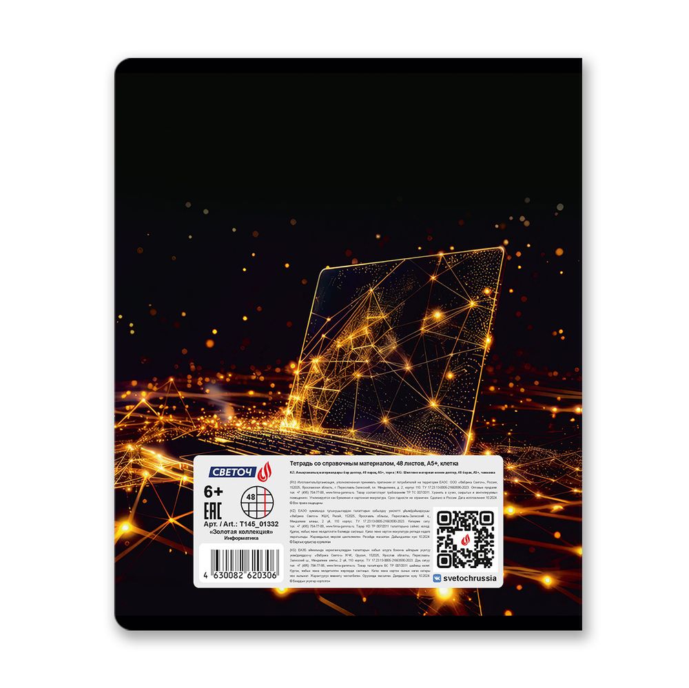 Тетрадь со справочным материалом Золотая коллекция, тиснение золотой фольгой, A5+ 48 л. на скобе 65 г/м², белизна 100 %, 10 шт, клетка, 01332 Золотая коллекция Информатика, Светоч Т145