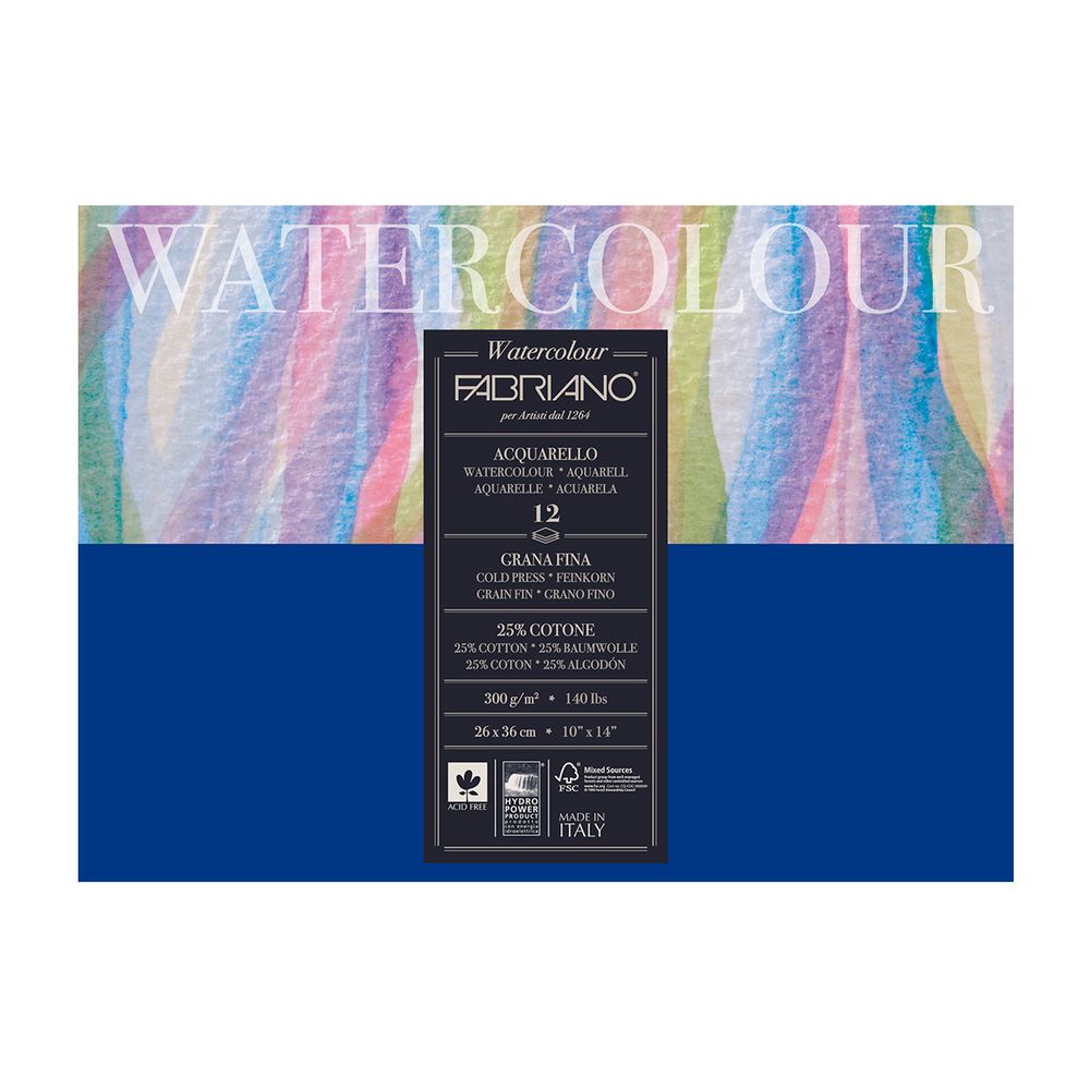 Альбом для акварели Watercolour 300 г/м², 26х36 см, склейка с одной стороны 12 л, среднезернистая, Fabriano