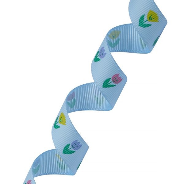 Лента репсовая (в рубчик) Тюльпаны, 15 мм, 22,5м (голубой)