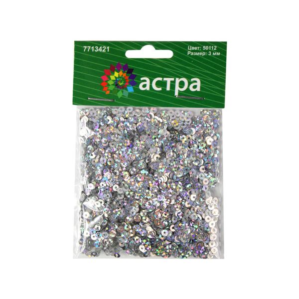 Пайетки плоские 3 мм, упак. 10 гр, Астра, 50112 серебро голограмма, уп.10 шт