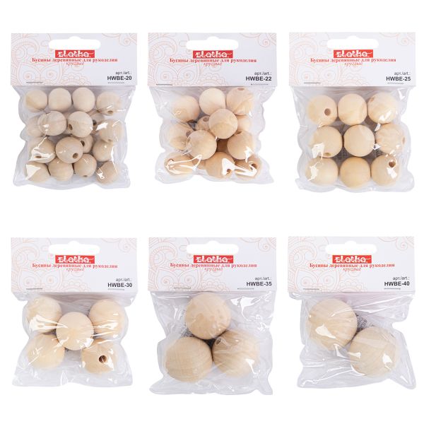 Бусины дерево ⌀20, 22, 25, 30, 35, 40 мм, микс, 6 видов, ассорти, микс HWBE 02