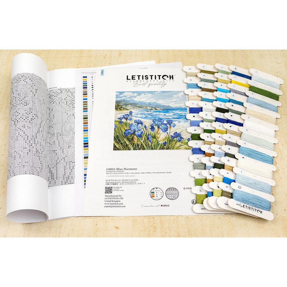 Набор для вышивания нитками LetiStitch L9934, Голубая гармония 24х24см