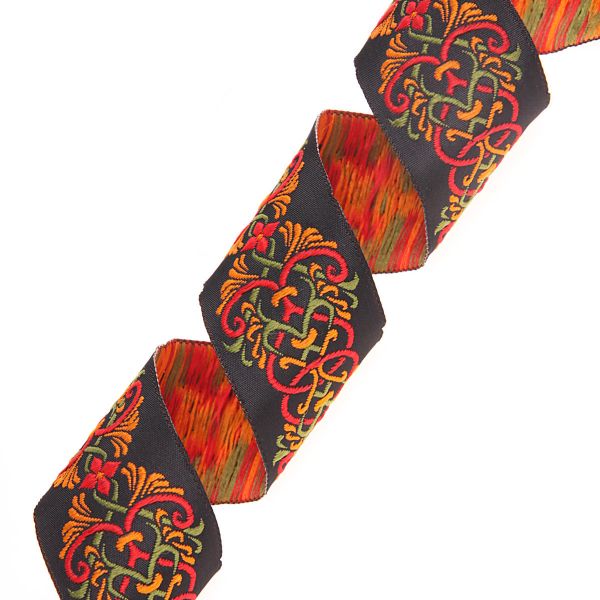 Лента (тесьма) жаккардовая 35.0 мм / 10±0.5 метров, Дамаск 35976 V6 черный/оранжевый