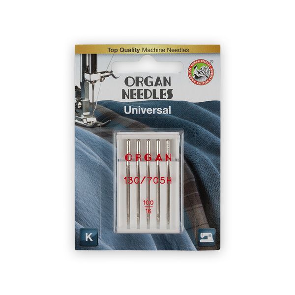 Иглы для швейных машин базовые универсальные 130/705 H, №100, 5 игл, 5105100BL 100, ORGAN