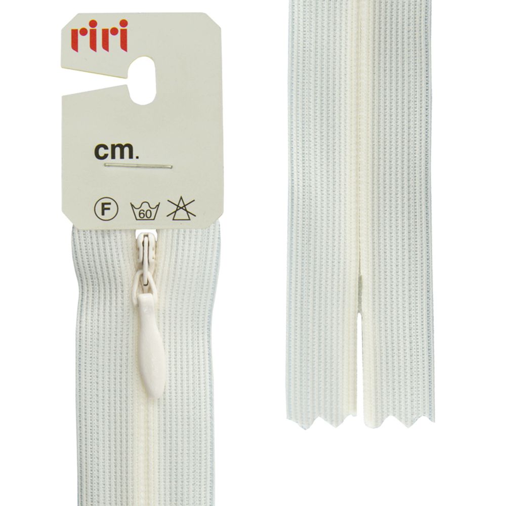 Молния скрытая (потайная) RIRI Т3 (3 мм), н/раз., 18 см, цв. тесьмы 2314, мол.-белый, упак. 5 шт