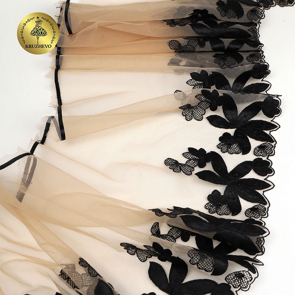 Кружево на сетке (вышитое) 270мм цв.телесный+чёрный, левая, 6,75м, Kruzhevo