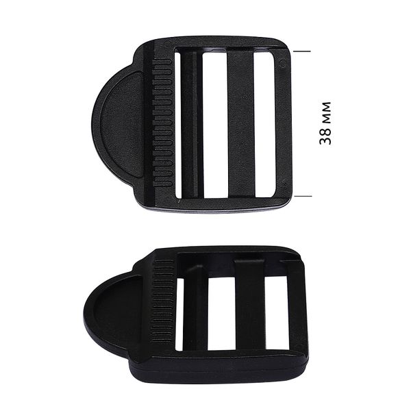 Пряжка регулятор трехщелевая пластик 38 мм, цв.черный, уп.100 шт