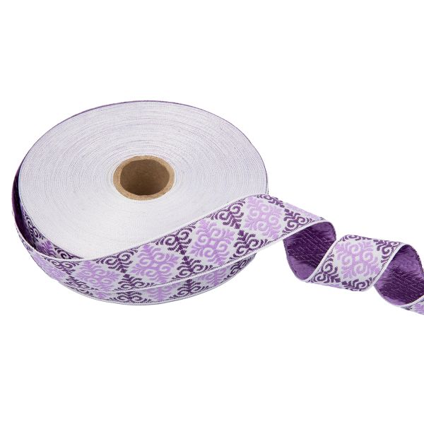 Лента (тесьма) жаккардовая 32.0 мм / 25 метров, Орнамент для северных народов, рис 9788 белый-фиолетовый-сиреневый, Gamma С3774