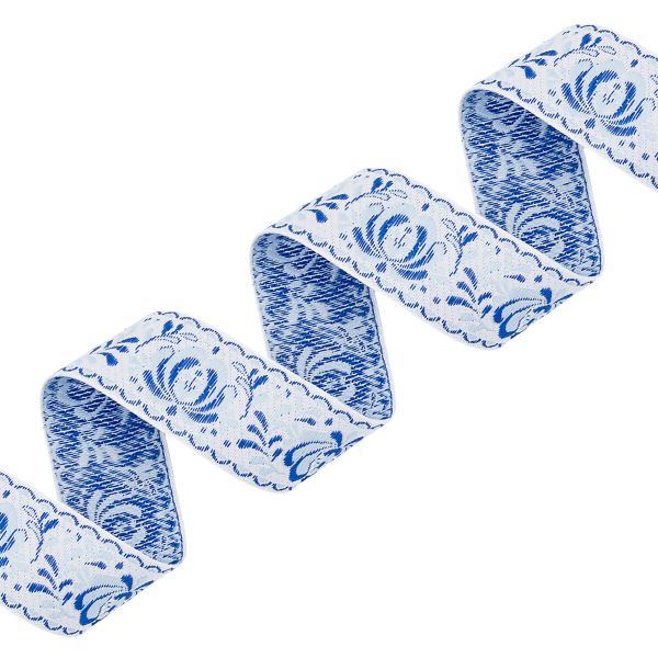 Лента (тесьма) жаккардовая 32.0 мм / 25±1 метров, рис. 9581 Гжель, (6 белый/синий/голубой) С1853Г17