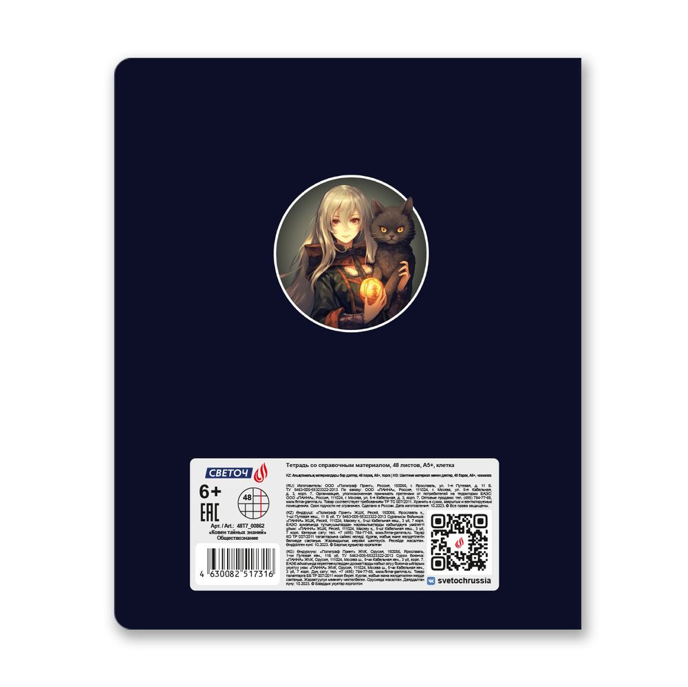 Тетрадь со справочным материалом Ковен тайных знаний, A5+ 48 л. на скобе 65 г/м², белизна 100%, 10 шт, клетка, 00862 Обществознание, Светоч 48Т7