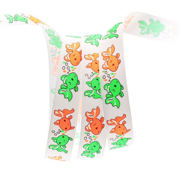 Лента репсовая (в рубчик) PREMIUM Рыбки 22 мм, 22,5м (029 белый)