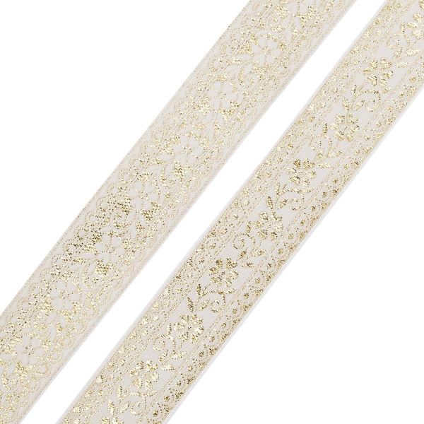 Лента (тесьма) жаккардовая 32.0 мм / 25±1 метров, с метанитом рис. 9842, белый/золото, С3104Г17