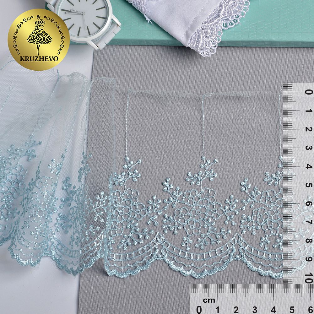 Кружево на сетке широкое 100 мм, диз. 178, цв.07 голубой, уп. 9 м, Kruzhevo