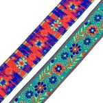 Лента (тесьма) жаккардовая 33.0 мм / 7 метров, бирюза с цветами, 11823