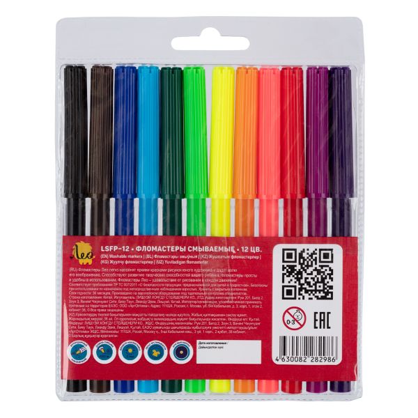 Фломастеры смываемые 12 цв, Лео LSFP-12