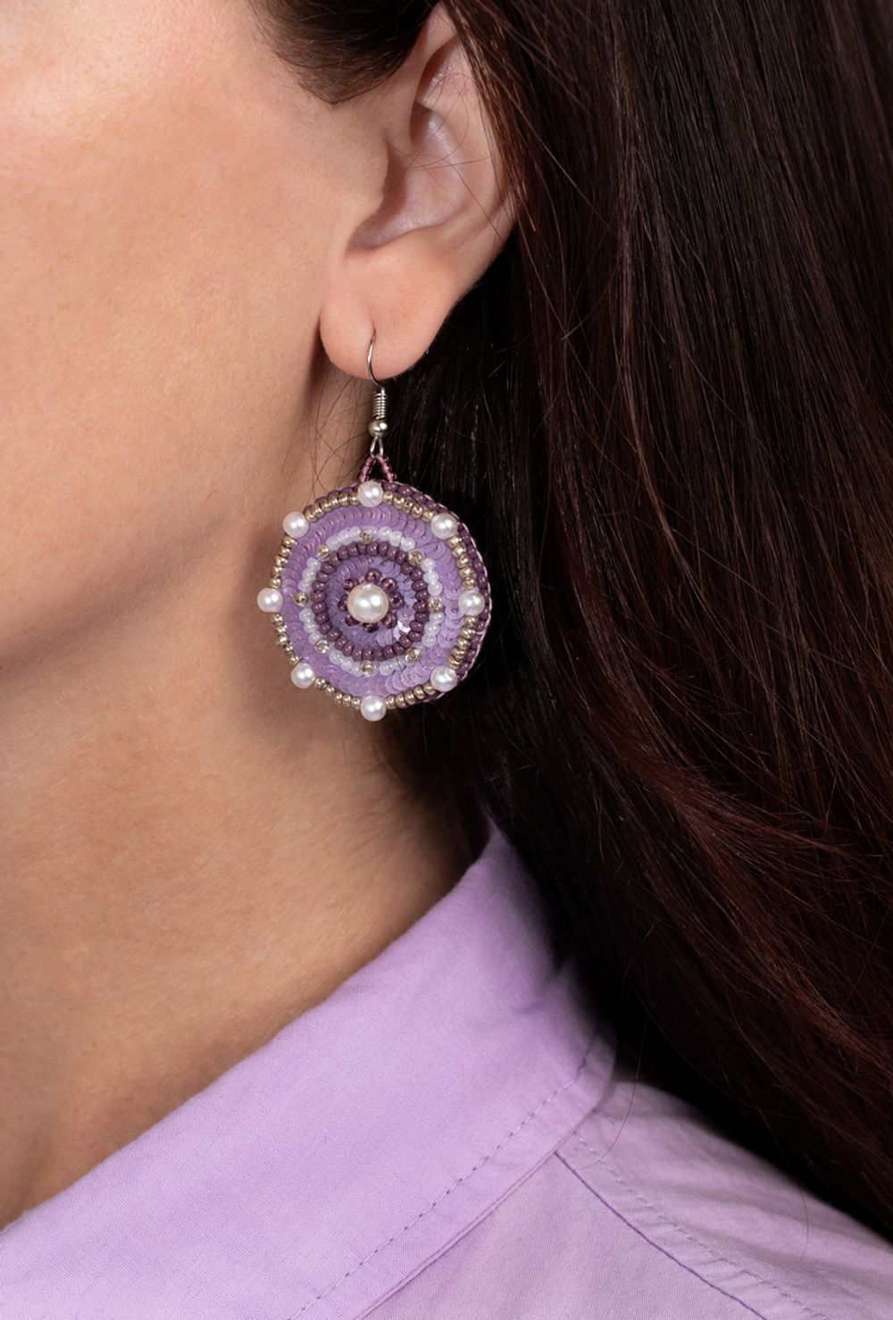 Набор для вышивания бисером Klart, серьги круглые Лиловый орнамент, 3,5х4 см