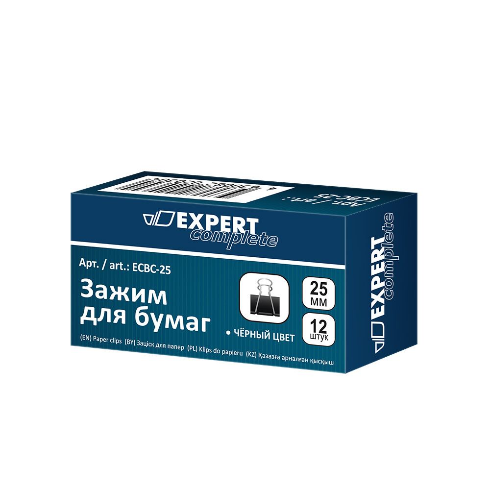 Зажим для бумаг 25 мм, 12х12 шт, черный, Expert Complete ECBC-25