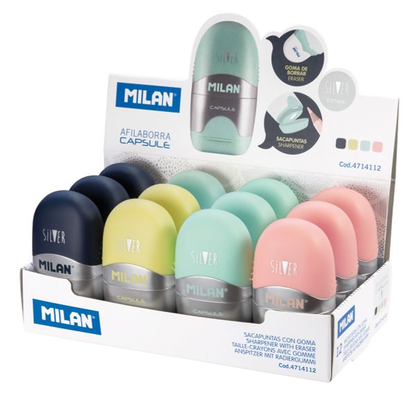 Ластик-точилка Capsule Silver 1 отверстие 12 шт, 4714112 ассорти, Milan