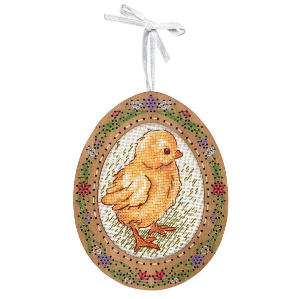 Набор для вышивания нитками МП Студия, на дереве Миниатюра. Цыплёнок на прогулке 14х11 см