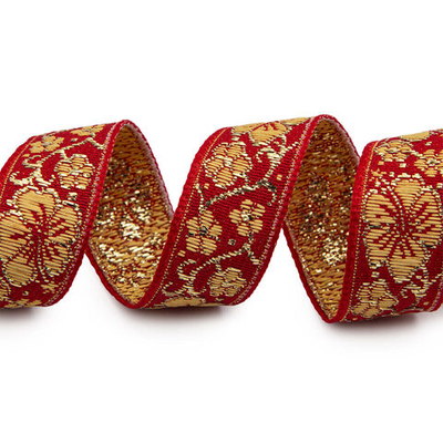 Лента (тесьма) жаккардовая 18.0 мм / 25±1 метров, с метанитом рис. 9579 Яблоневый цвет (1 красный/желтый/золото) С1856Г17