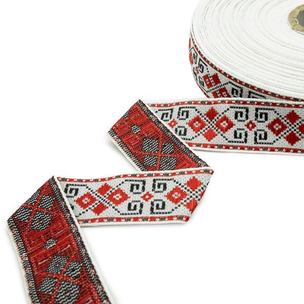 Лента (тесьма) жаккардовая 24.0 мм / 25±1 метров, Славянский орнамент Оберег, рис.9456 белый/красный, С3772Г17