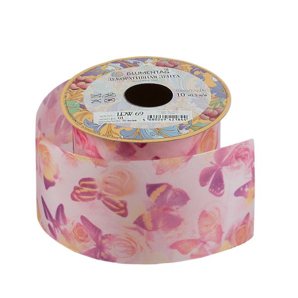 Лента декоративная 70 мм / 10±1 метров, 01 сиреневый / Бабочки, Blumentag LRW-69
