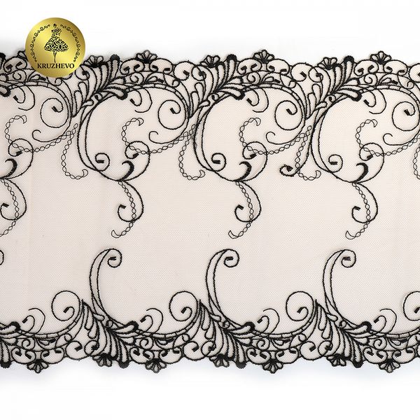Кружево на сетке (вышитое) арт.T104 220мм цв.черный+телесный уп.6.5м, Kruzhevo