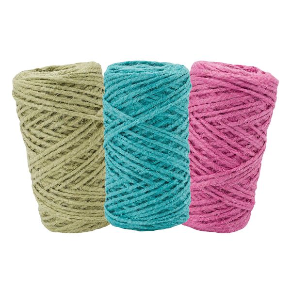 Шпагат джутовый ⌀1.4 мм / 50 метров (50 г), 2-ниточный, 1200 текс, евробобина, 3 шт, ассорти 1 (оливковый, розовый, бирюзовый)