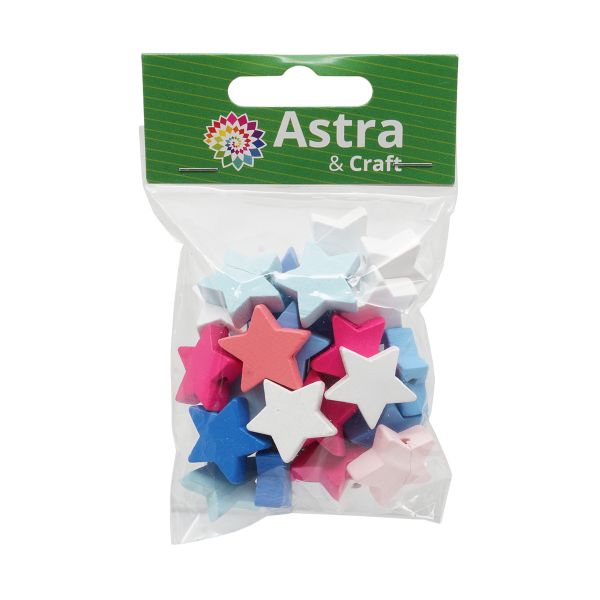 Бусины дерево ⌀20 мм, цветные звездочки, 21 г (30 шт), Astra&Craft (сине-розовый микс) 4AR2001