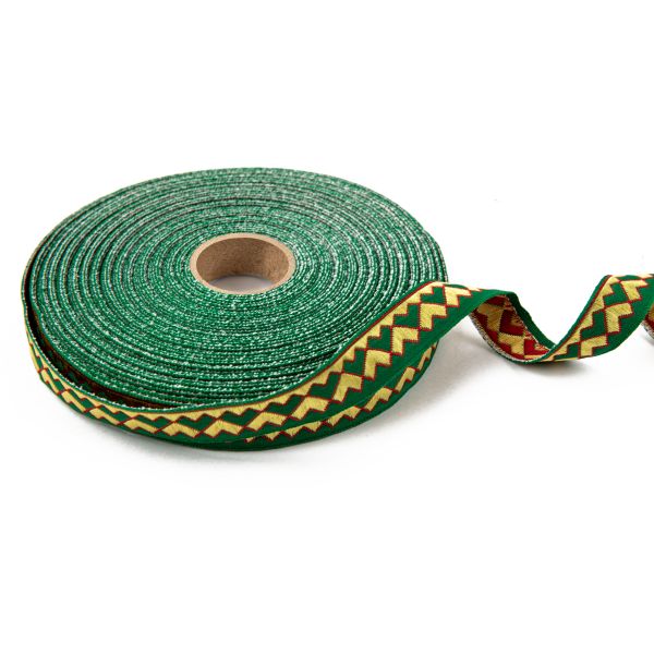 Лента (тесьма) жаккардовая 18.0 мм / 25±1 метров, Орнамент для северных народов, рис 7052 зеленый-желтый-красный, Gamma С3771