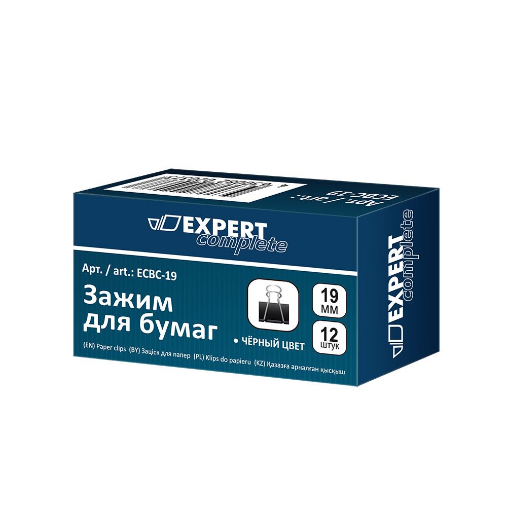 Зажим для бумаг 19 мм, 12х12 шт, черный, Expert Complete ECBC-19