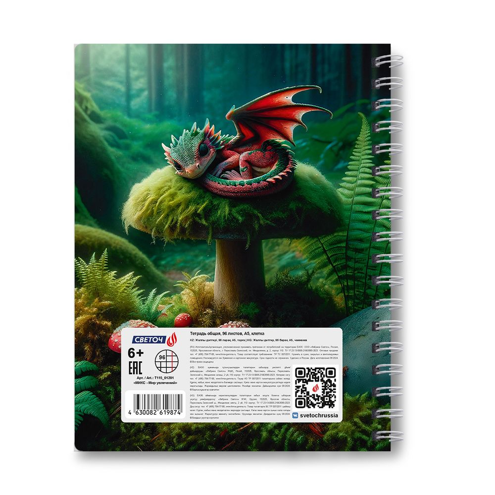 Тетрадь ученическая общая, A5 96 л. на гребне 65 г/м², белизна 100 %, 4 шт, клетка, 01201 МИКС - Мир увлечений, Светоч Т115