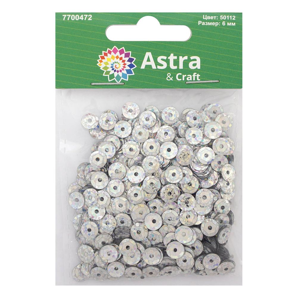 Пайетки граненые 6 мм, упак. 10 гр, Астра, 50112 серебро голограмма, уп.10 шт