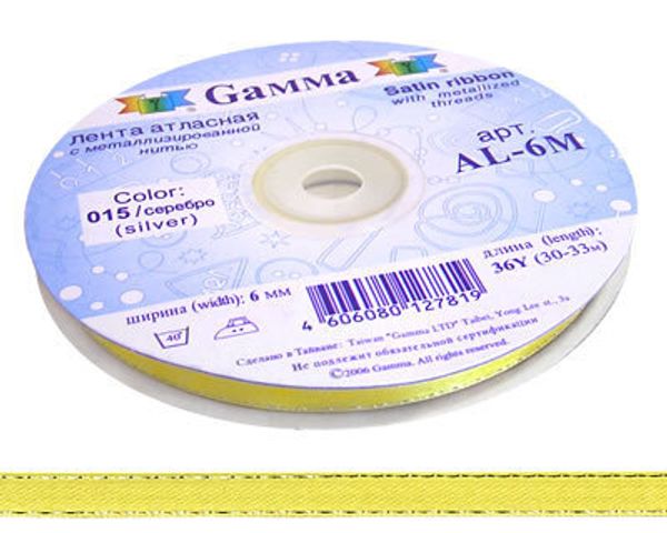 Лента атласная 2-сторонняя с метанитью 6.0 мм / 33±2 метра, №002/бл.розовый/серебро, Gamma AL-6M
