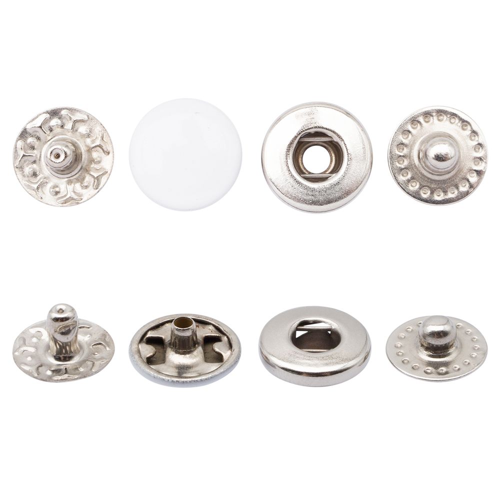 Кнопка Альфа (S-образная) ⌀10.0 мм, ≈144 шт, МЕТАЛЛ, эмаль, 101 белый глянцевый + отв.части никель, ВТ-2, NEW STAR