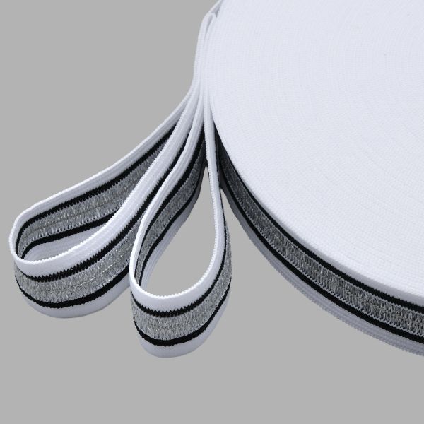 Тесьма лампасная эластичная 20.0 мм / 25 метров, белый/серебро