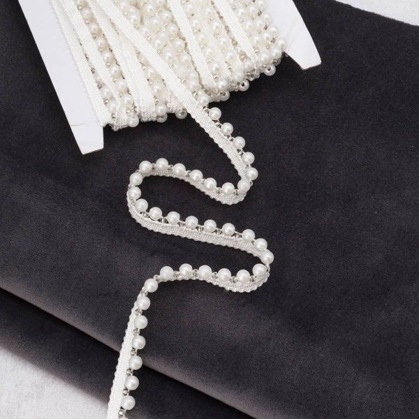 Кант декоративный с бусинами жемчуг и бисером 14 мм, / 9.14 метра, белый