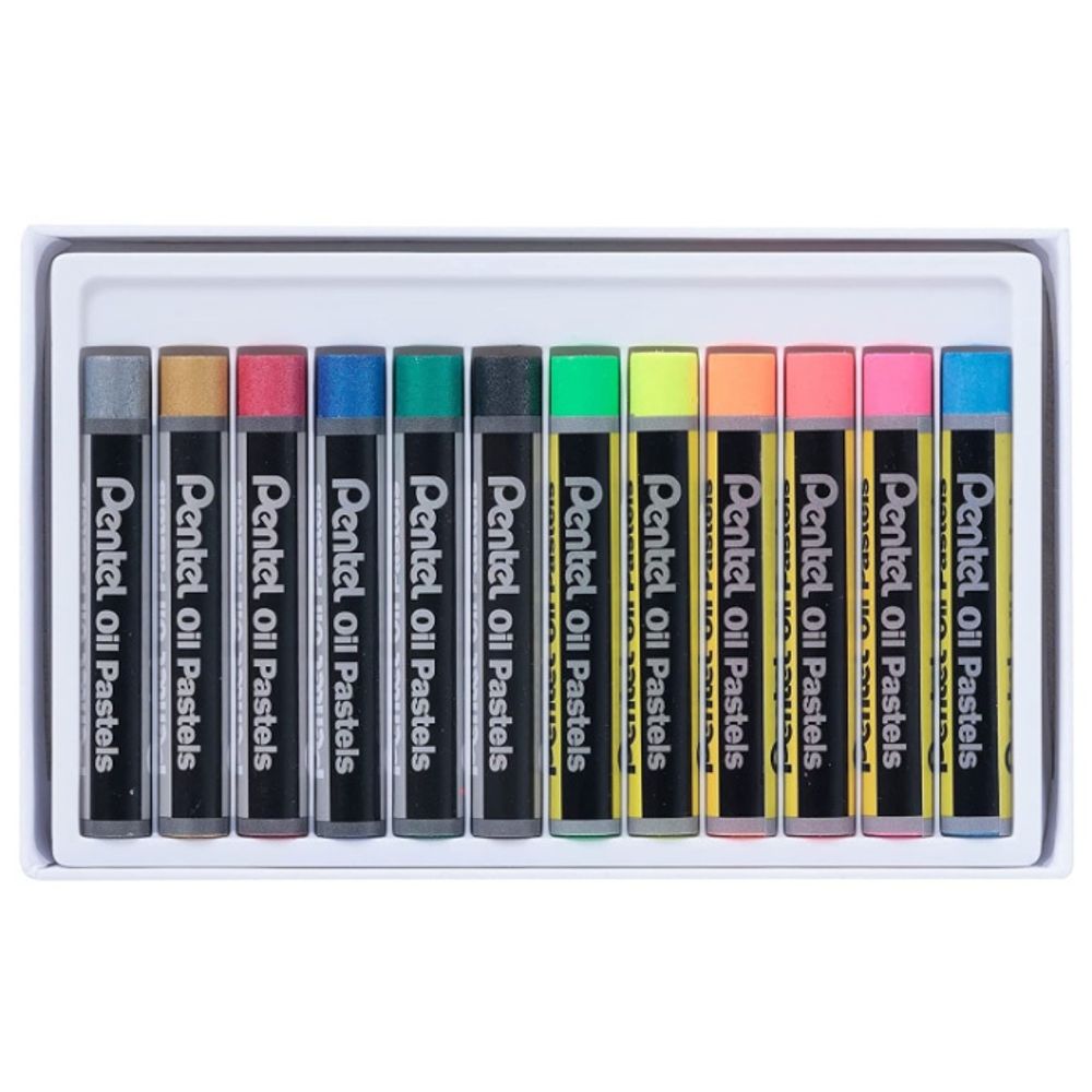 Пастель масляная флуоресцентная 12 цв: 6 цв. + металлик 6 цв., Pentel PHN-MF12