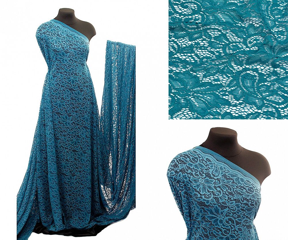 Ткань кружевная гипюр с кордом 130 г/м², 150 см / 2.7 метра, TBY.3036 цв.908 морская волна